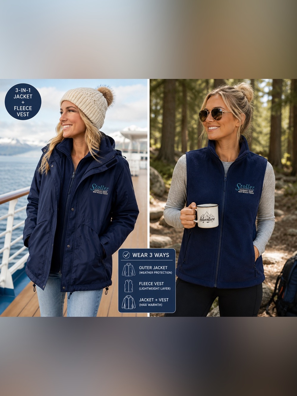 Port Authority Weather Resistant 3-in-1 Travel Utility Jacket Fleece Vest Navy L
